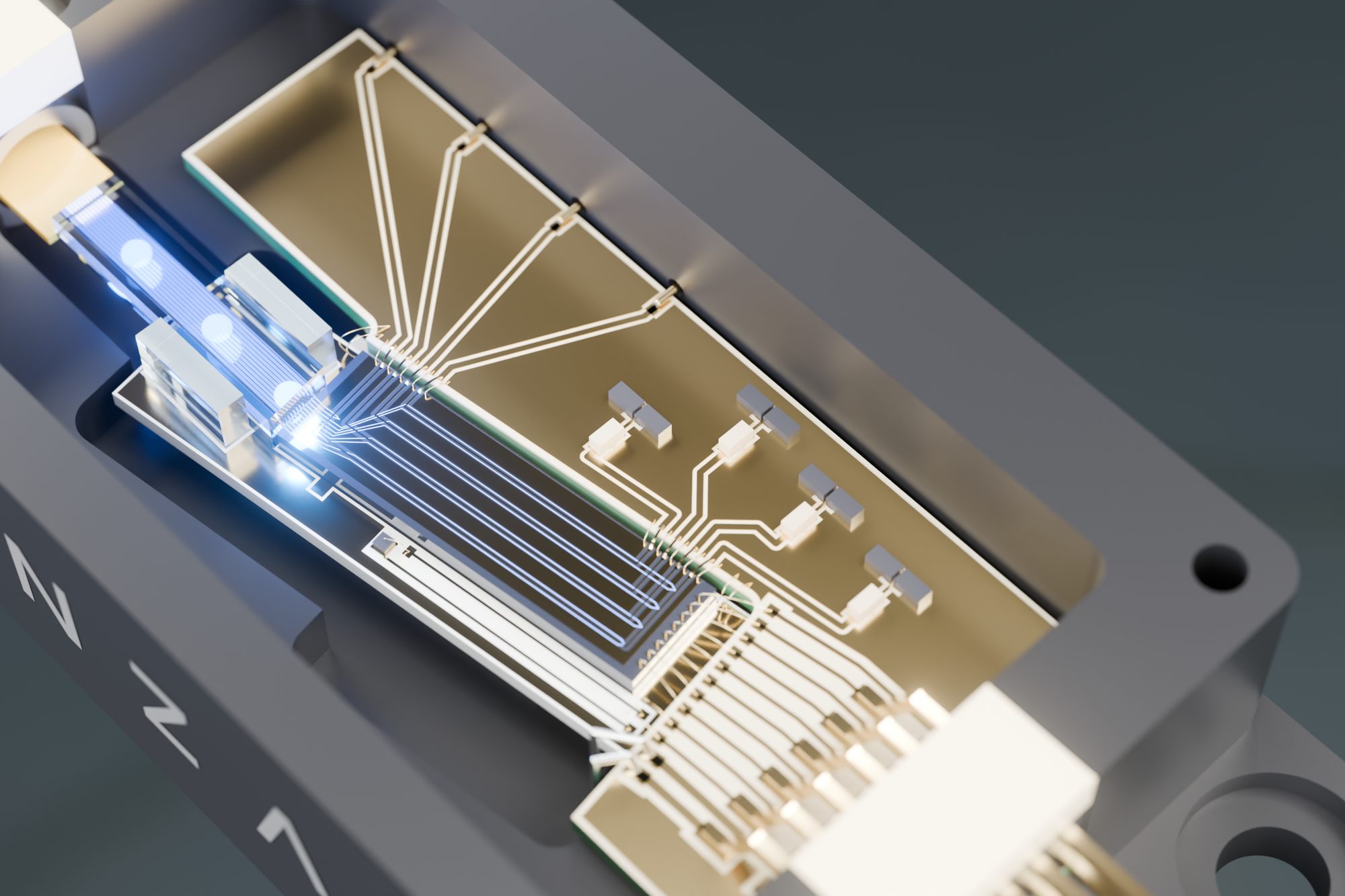 Close-up render of light coupling into a photonic chip inside its package