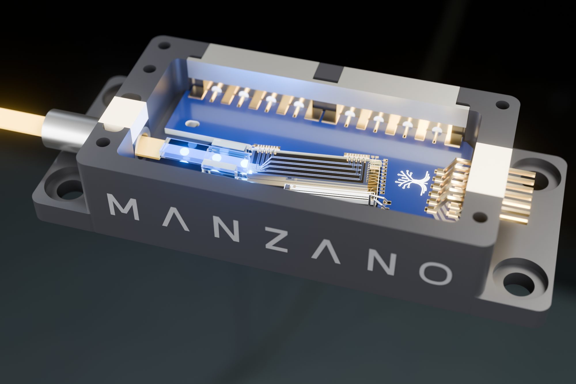 Render of a Manzano-branded photonic package with a fiber input and glowing chip inside