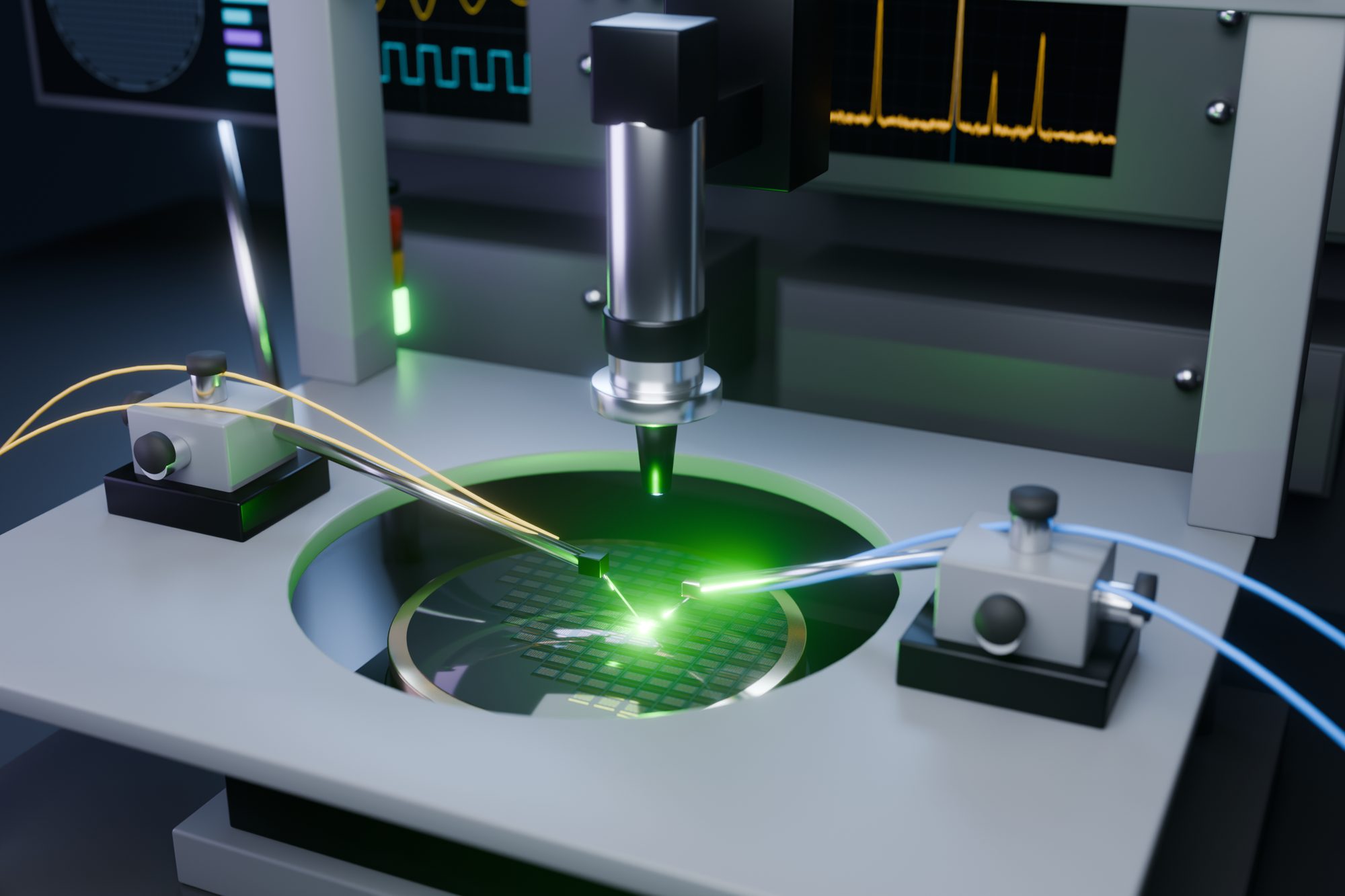 Render of an automated wafer probe station with fiber and RF probes, green laser light at the test point and instruments behind
